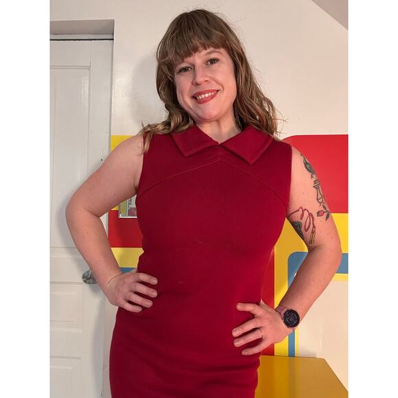 1960s 60s vintage burgundy wool shift dress midi wiggle dress mod red large - Picture 5 of 5